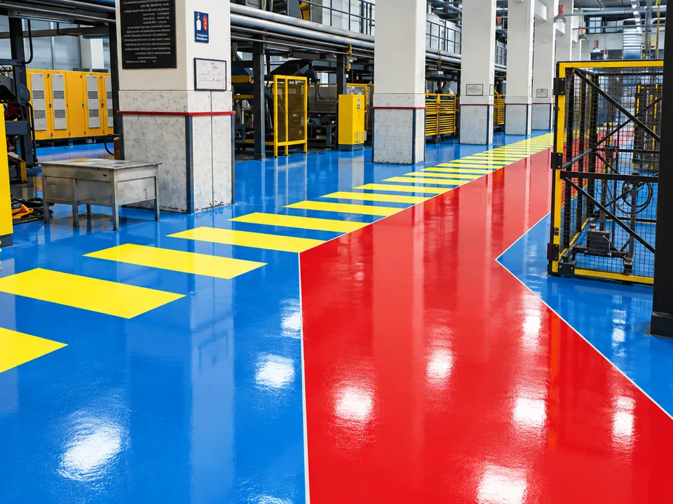 Color-coded blue/red/yellow industrial resin floor