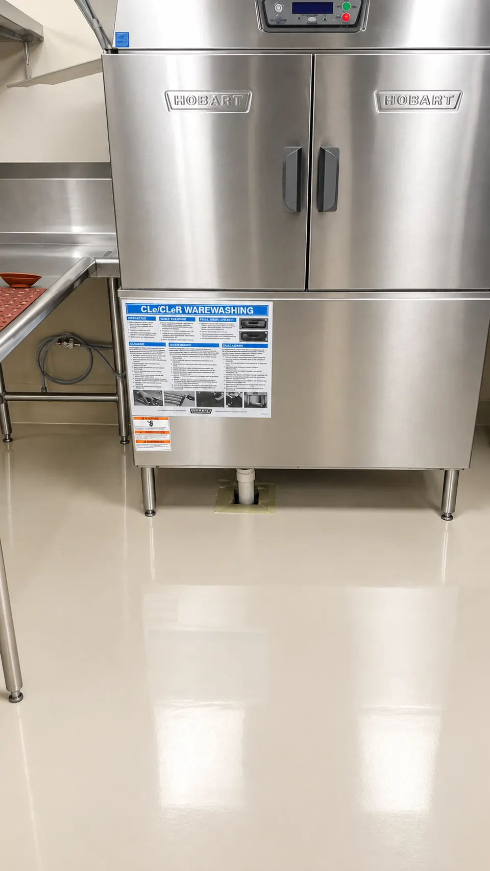Light beige seamless floor beside stainless processing equipment